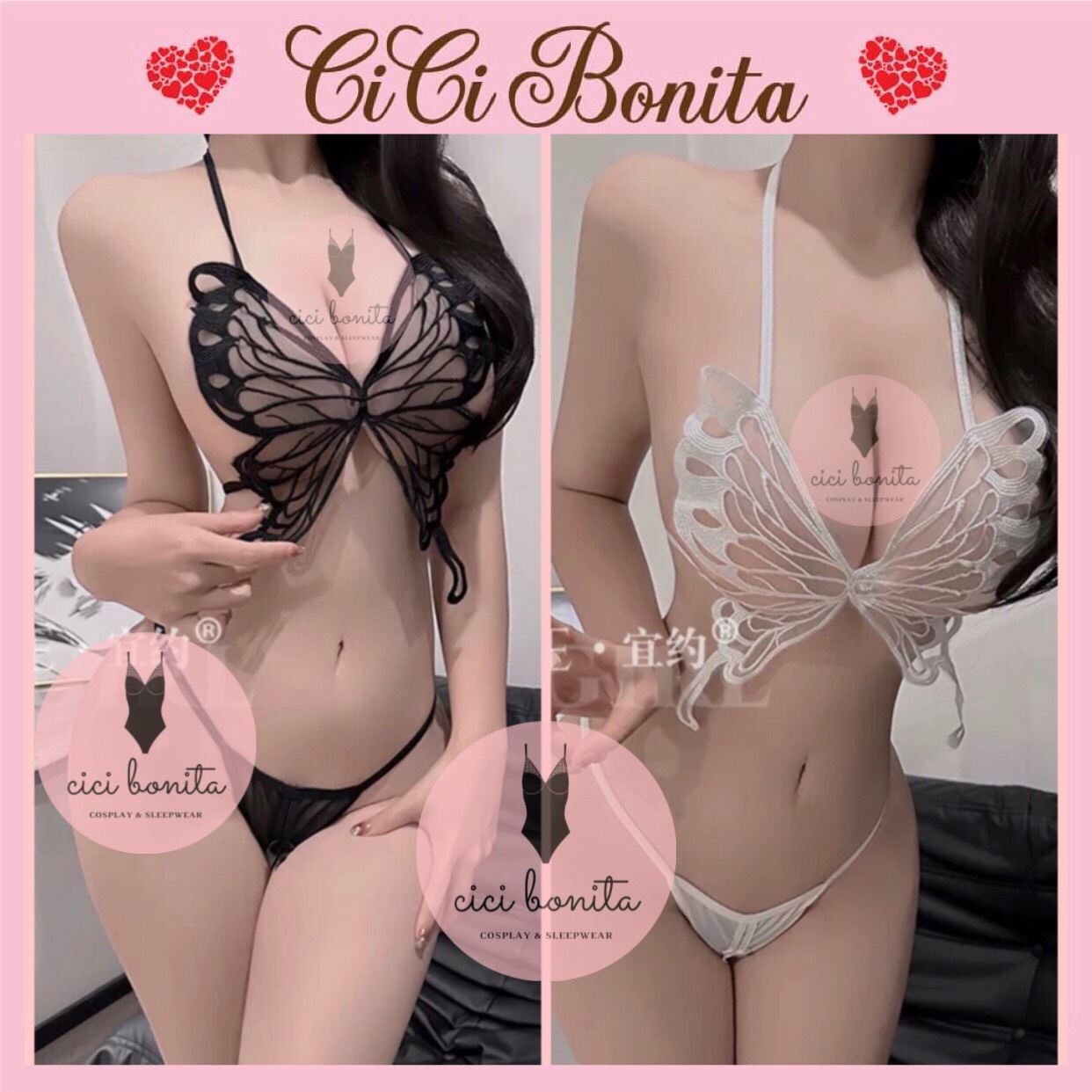 Đồ lót nữ ren xuyên thấu sexy gợi cảm set nội y họa tiết bươm bướm đen trắng quyến rũ CL45