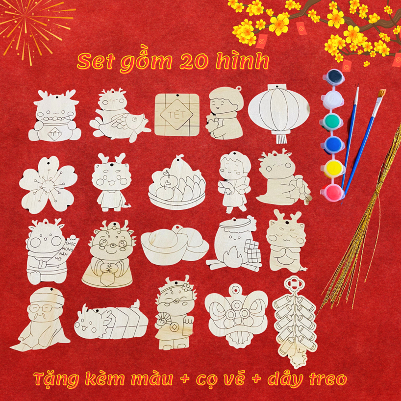 Bộ trang trí TẾT tô màu bằng gỗ treo cành đào, cành mai, cây quất