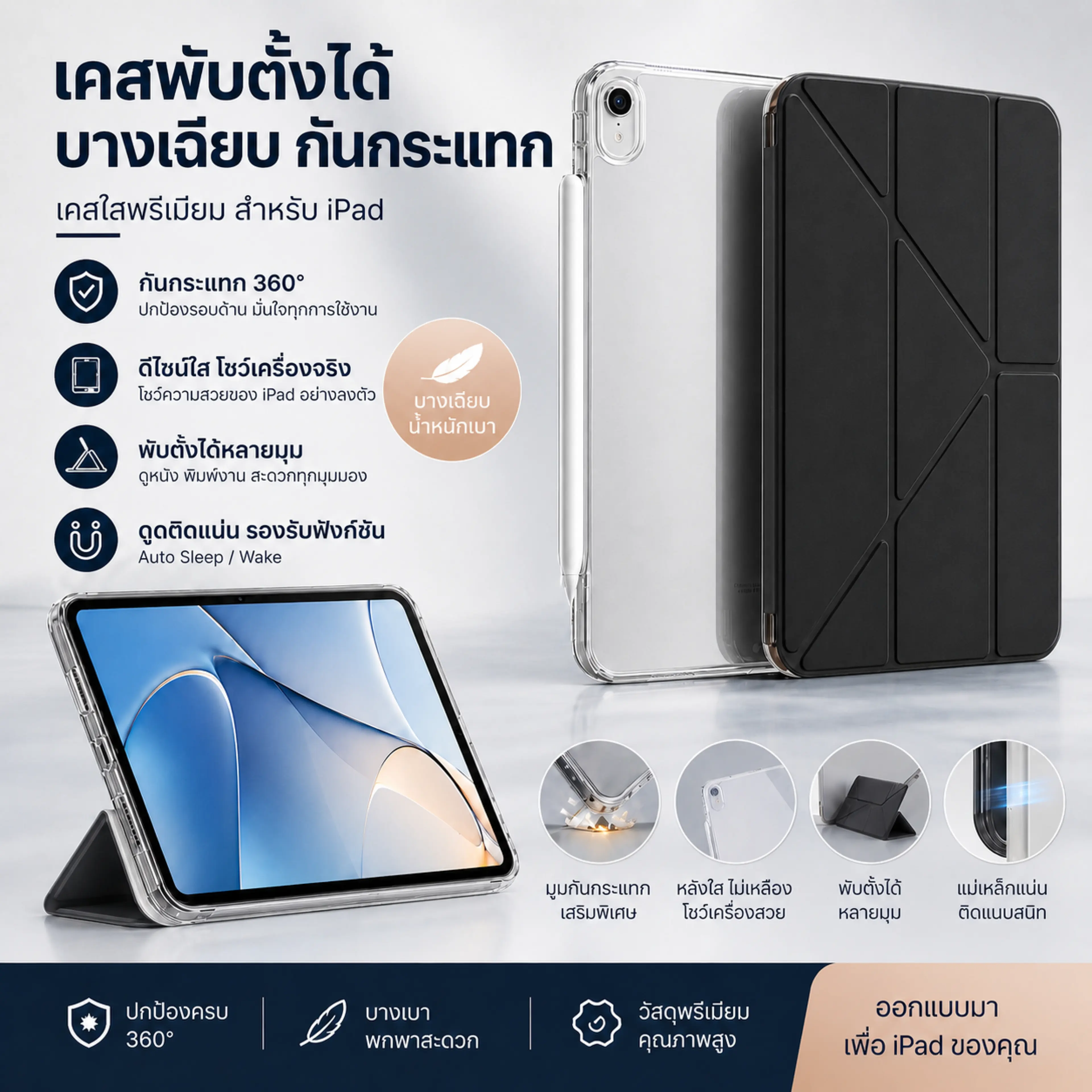 【Ready to Ship】Thin Clear iPad Case, Shockproof, Scratch Resistant on Corners, Can Be Folded and Stand Up, Charges the Pen, Air4/5/6 Ipad7/8 Mini6