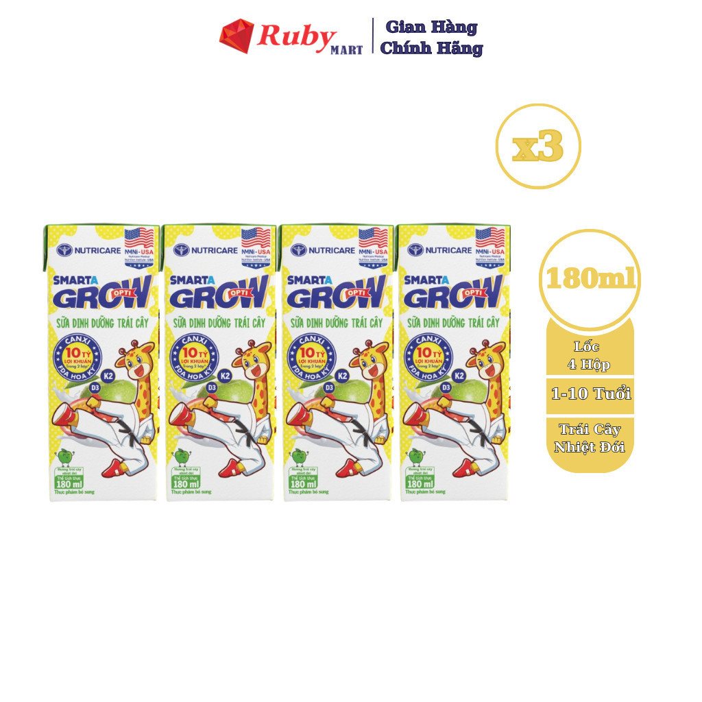 Combo 6 Lốc Sữa Nước Nutricare Smarta Grow Opti Vị Trái Cây Nhiệt Đới 180ml