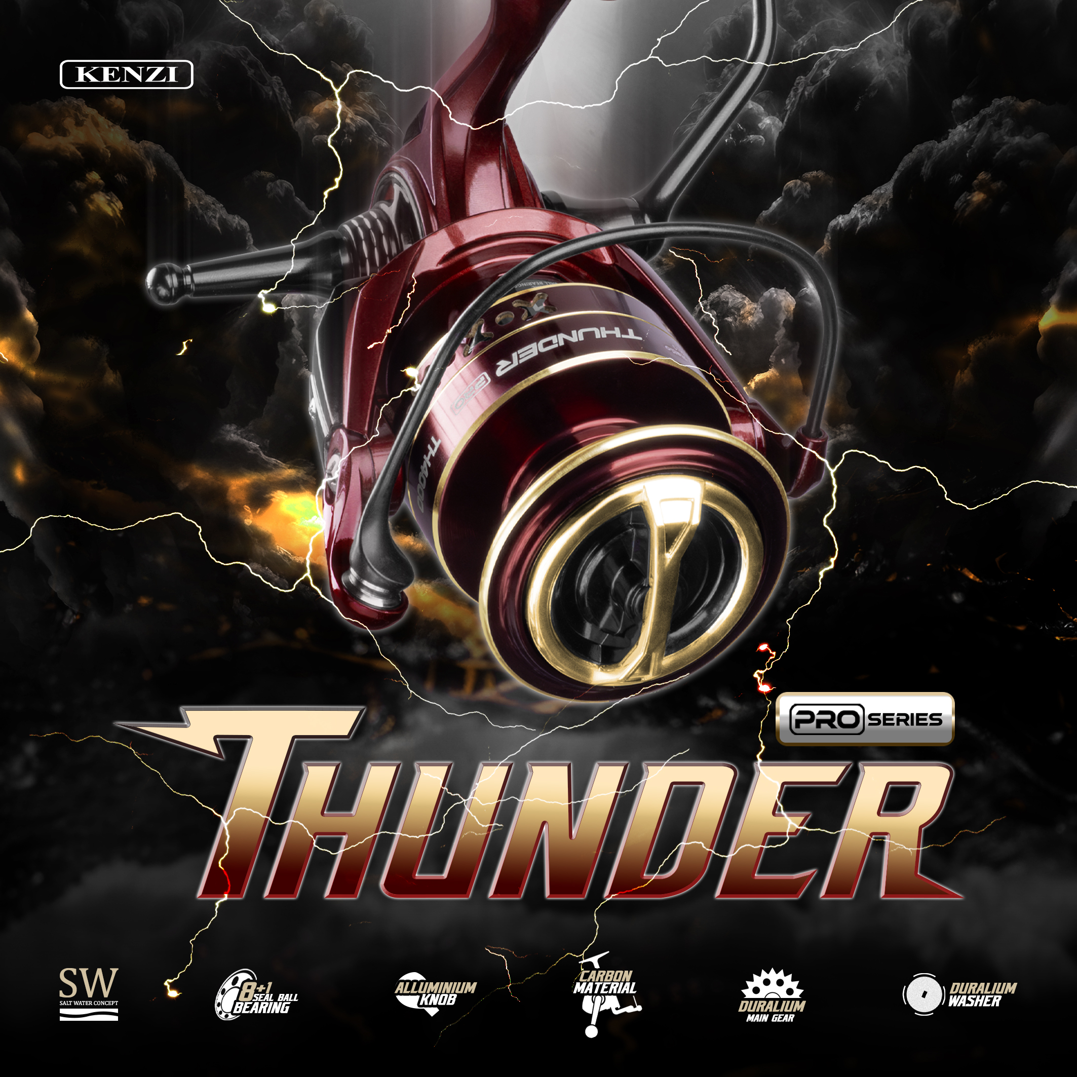 REEL KENZI THUNDER PRO SW 2000 3000 4000 with Duralium Carbon Material One Piece Power Handle Reel Stand Harga 425,000 rupiah*Gratis Ongkir