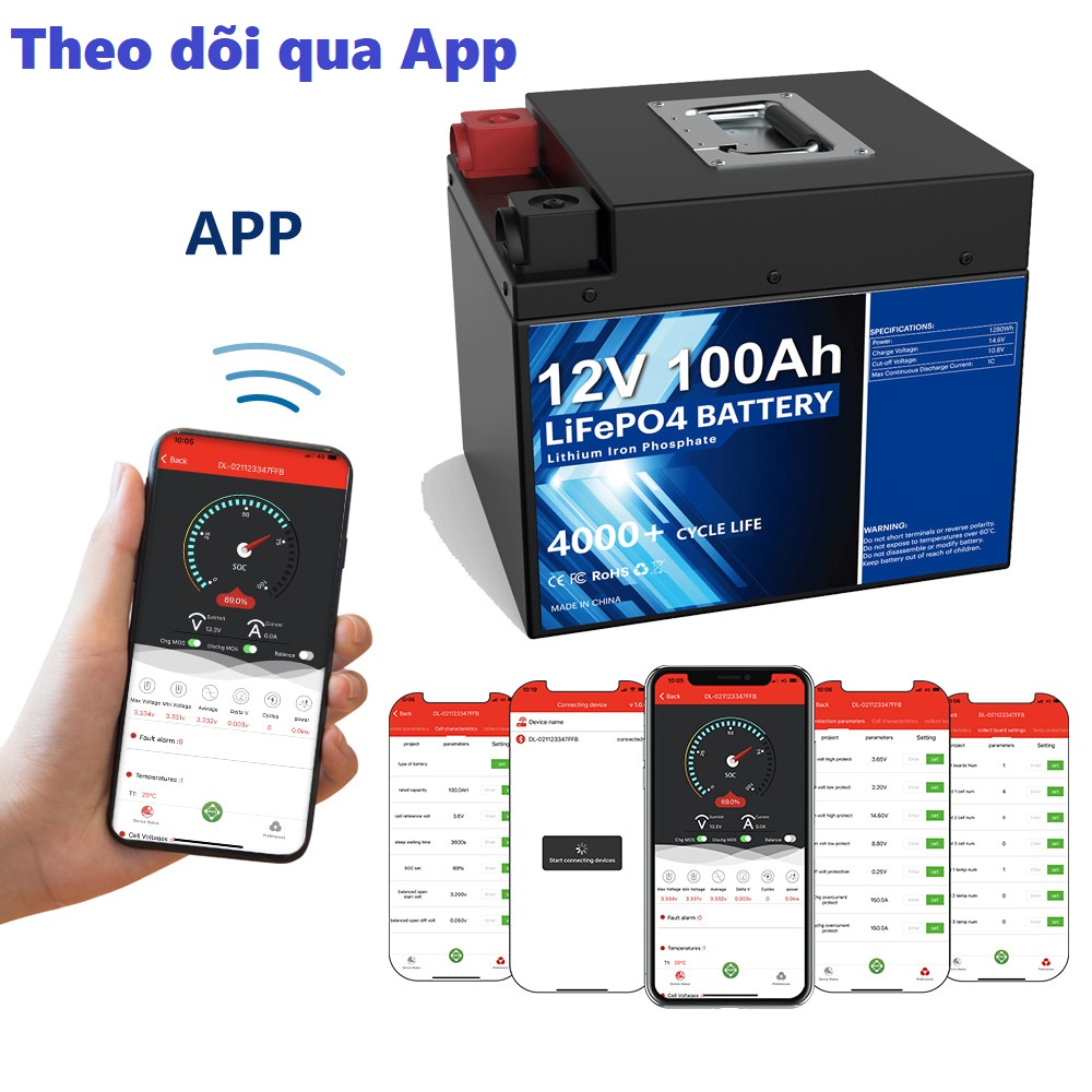 Bình Pin Lithium 12V-100AH Tích Hợp Mạch BMS có Bluetooth-Đủ Công Suất- Bản cao cấp