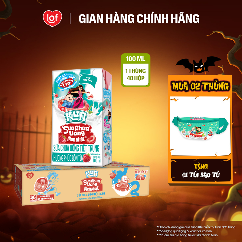 Sữa chua uống tiệt trùng KUN hương phúc bồn tử thùng 48 hộp x 100ml