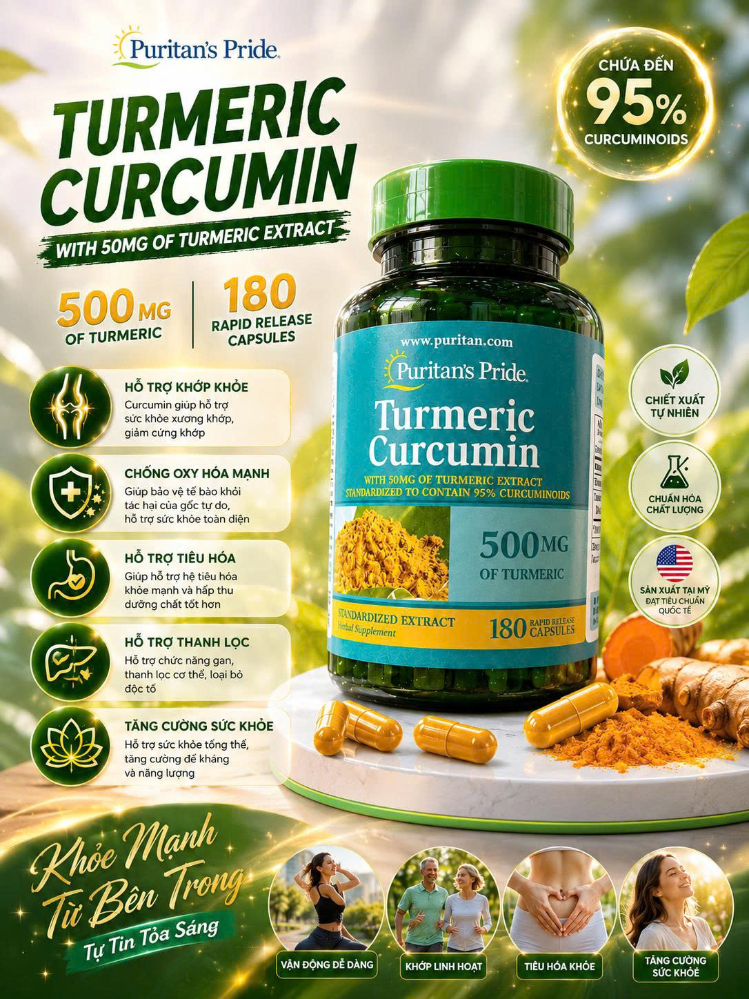 🔥 Puritan’s Pride Turmeric Curcumin 500mg (180 Viên) - Hàng Mỹ 🔥