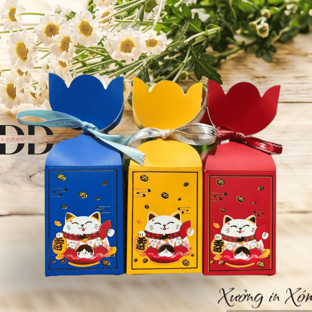 10 vỏ kẹo nơ hộp mèo thần tài - đựng bánh kẹo, trang trí hộp quà tết sang trọng, mẫu mã độc đáo và may mắn | giỏ quà tết