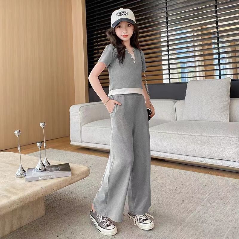 Áo thun amila cho bé gái bộ đồ thường ngày thời trang hè cho bé gái: áo tay ngắn hai mảnh giả + quần