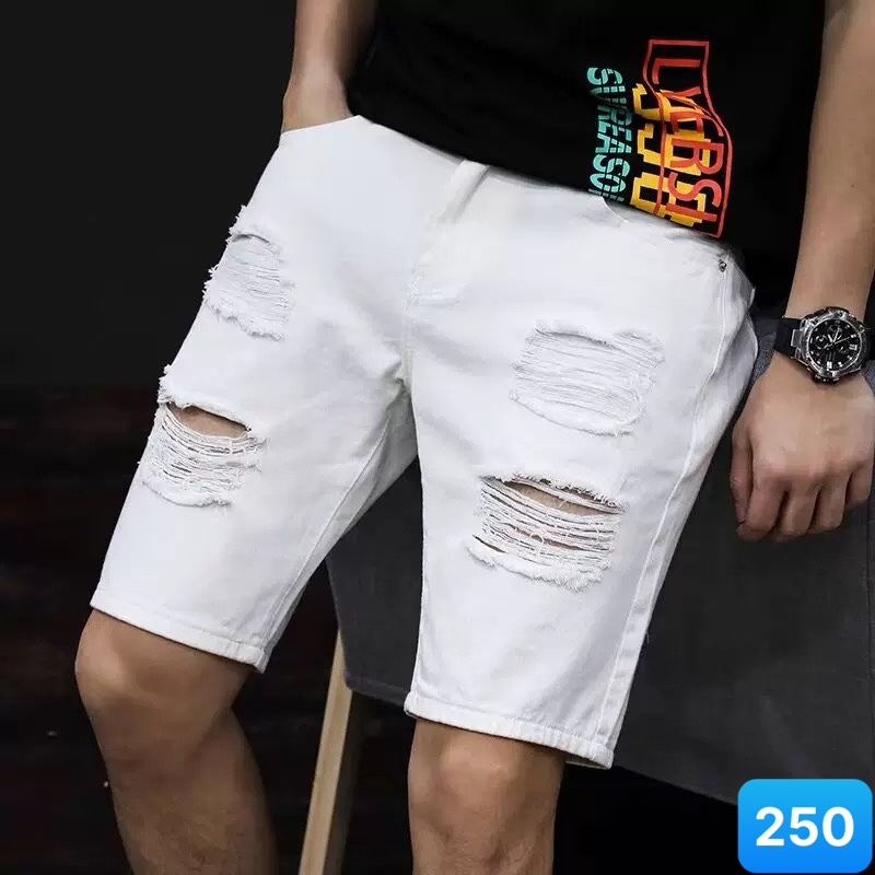 Quần Short Jean Nam rách màu trắng chất bò cotton,quần lửng jean, Quần rin nam ngắn QS264