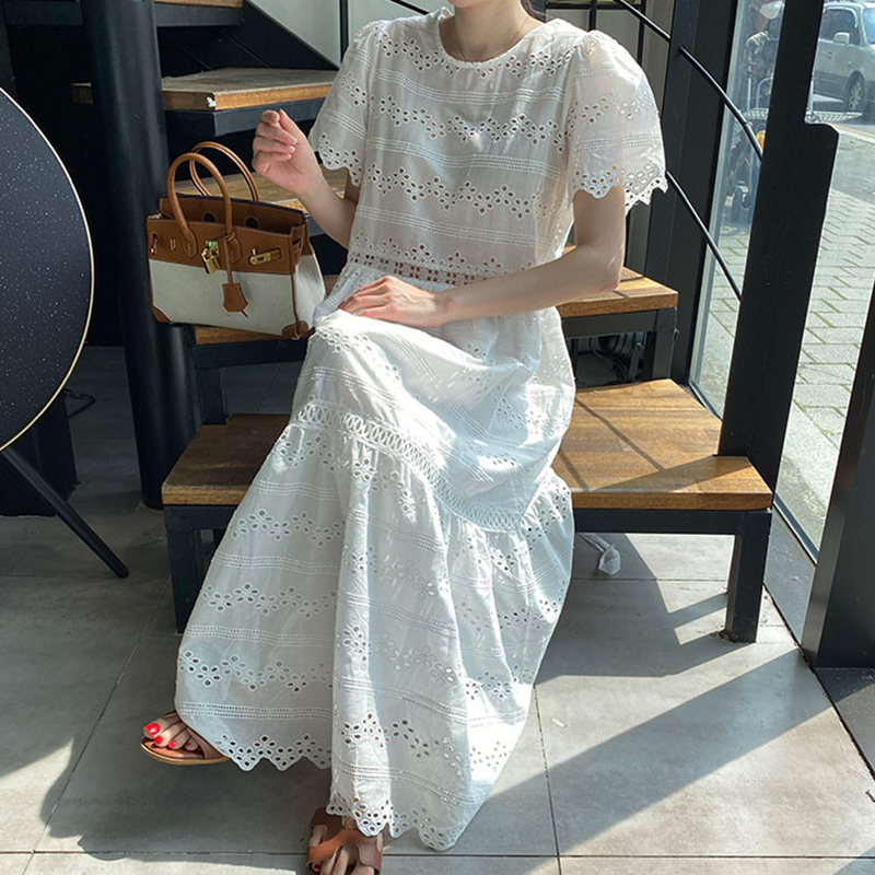 Hàn Quốc Chic Trang Nhã Phong Cách Retro Cổ Tròn Dáng Suông Rộng Nặng Xuyên Thấu Bông Hoa Lớn-Loại Ngắn Tay Đầm Váy Dài Nữ