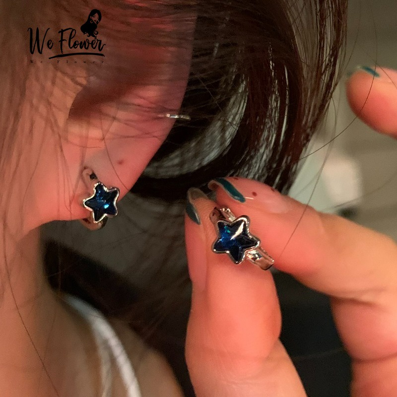 We Flower Fancy Navy Blue Rhinestone Star Hoop Earrings for Women Men Elegant Engagement Party Ear Circle Jewelry