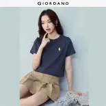 GIORDANO Nữ Áo thun 100% Cotton hình động vật thêu hàng ngày Áo thun cổ tròn tay ngắn thời trang đơn giản thường ngày 05395382