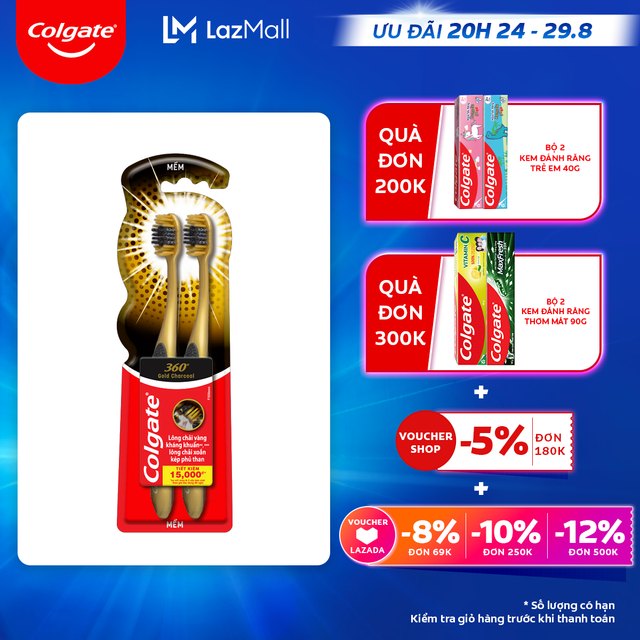 [Ưu đãi 20H 24.8 - 29.8_Áp voucher Colgate 5% + voucher LZD 8%]Bộ 2 Bàn chải Colgate 360 Gold charcoal vàng & than hoạt tính kháng vi khuẩn với lông chải xoắn kép