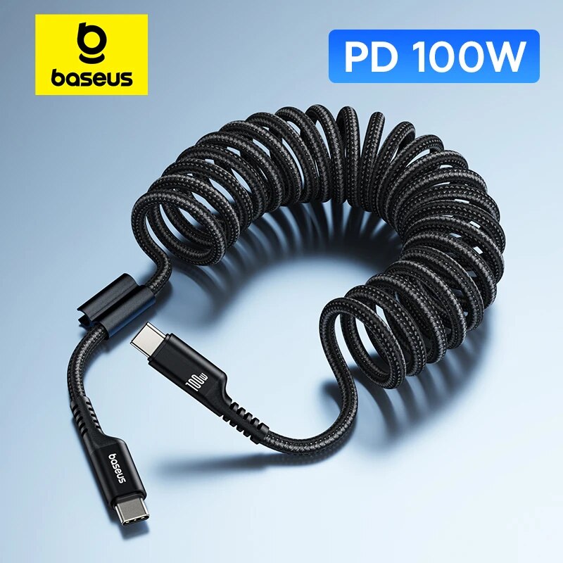 Baseus 100W Loại C để Loại C Cáp lò xo có thể thu vào bộ sạc điện thoại xe trên ô tô Cáp cho iPhone 15 MacBook Pro Dây cáp truyền dữ liệu