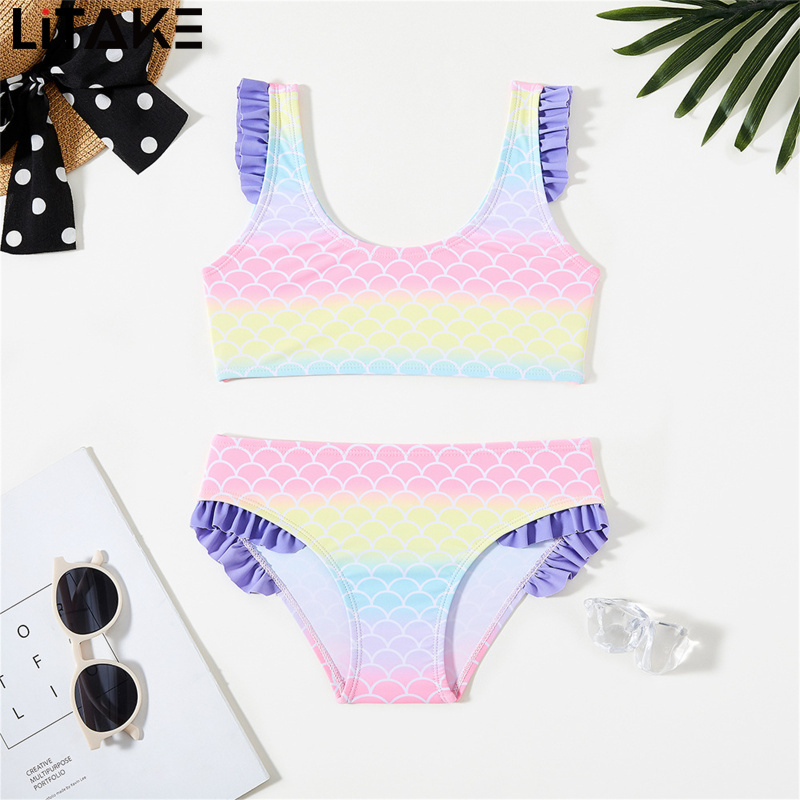 Kid Girl Bathing Two Pieces Suit Ruffle Scale Printing Sleeveless U Neck Girl Swimsuit Infant Girl Bikini Bathing Suit For Summer Beach Bathing ราคา 217 บาท*ส่งฟรี