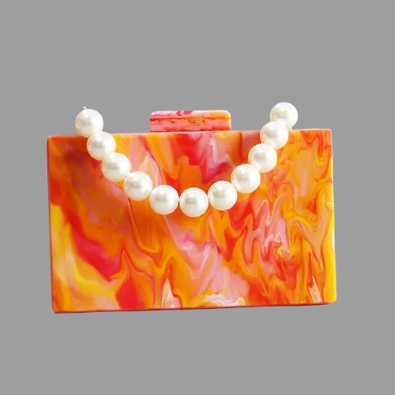 Pearl Marble Orange Acrylic Box Women Bag For Messenger Shoulder Crossbody