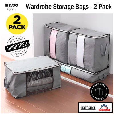2-Pack Jumbo Zippered Wardrobe Organizers Storage Bag for Beddings and Clothes with Large Clear Window & Carry Handles Space Saver [Strengthened Version]