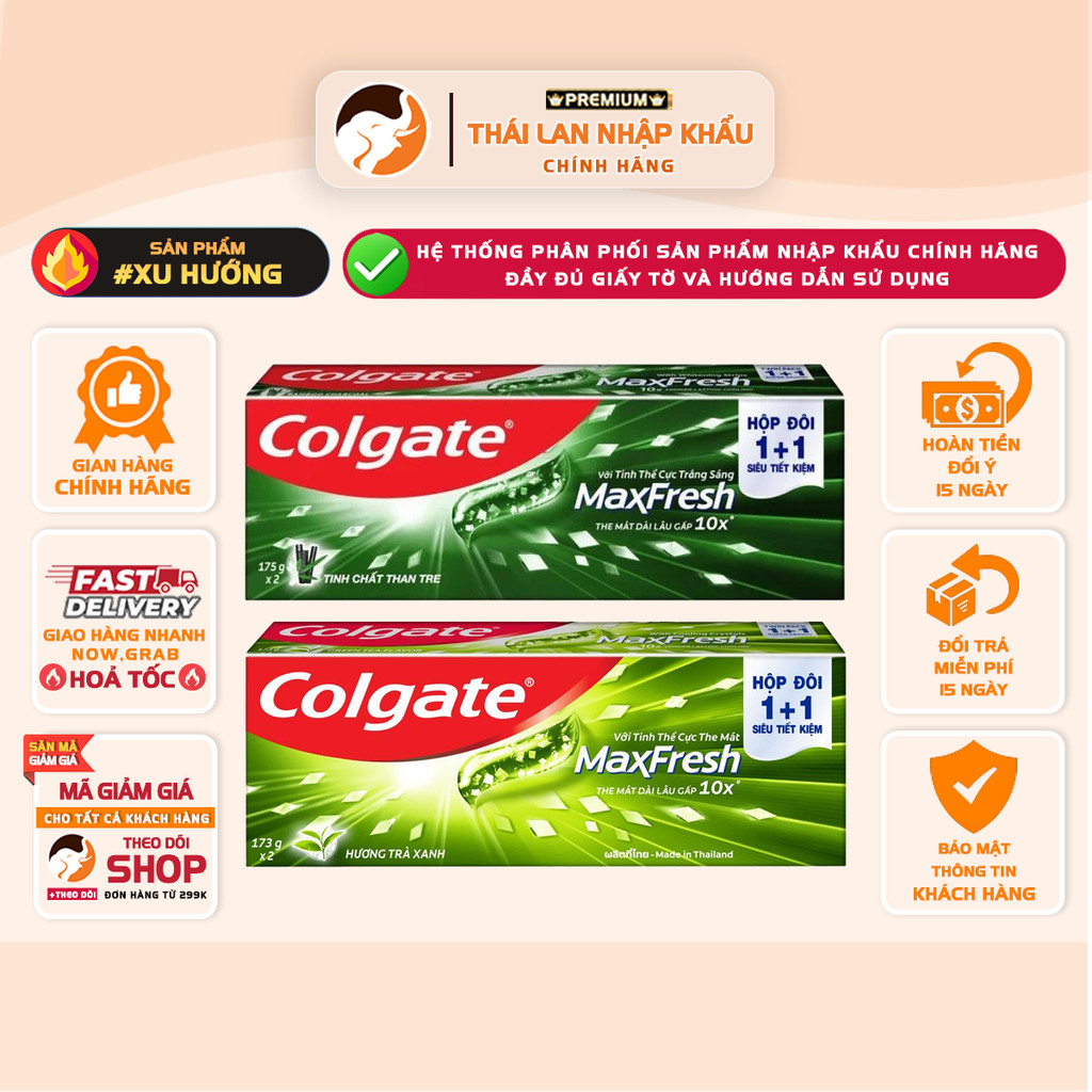 [1 HỘP 2 TUÝP] Bộ Đôi Kem Đánh Răng Colgate MaxFresh Than Tre/Trà xanh 175G x2 Tuýp