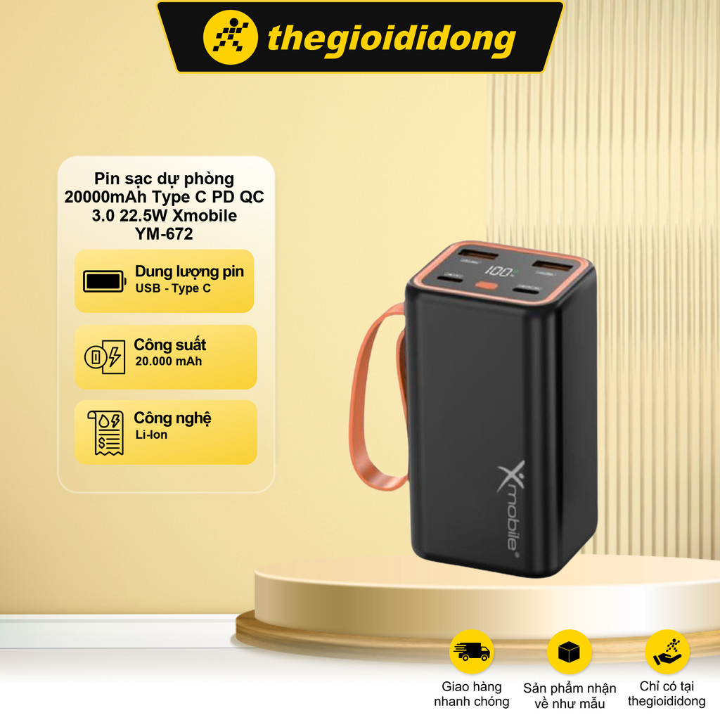 Pin sạc dự phòng 20000mAh Type C PD QC 3.0 22.5W Xmobile YM-672 Đen