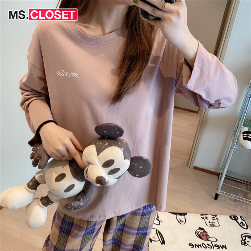 MS.CLOSET Plaid pajamas for women, new long sleeves, can be worn outside, high-end Korean style, casual and simple home wear suit