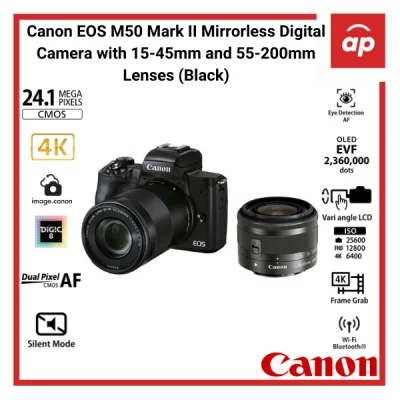 (12 + 3months Warranty) Canon EOS M50 Mark II Mirrorless Digital Camera with 15-45mm and 55-200mm Lenses + Freegifts