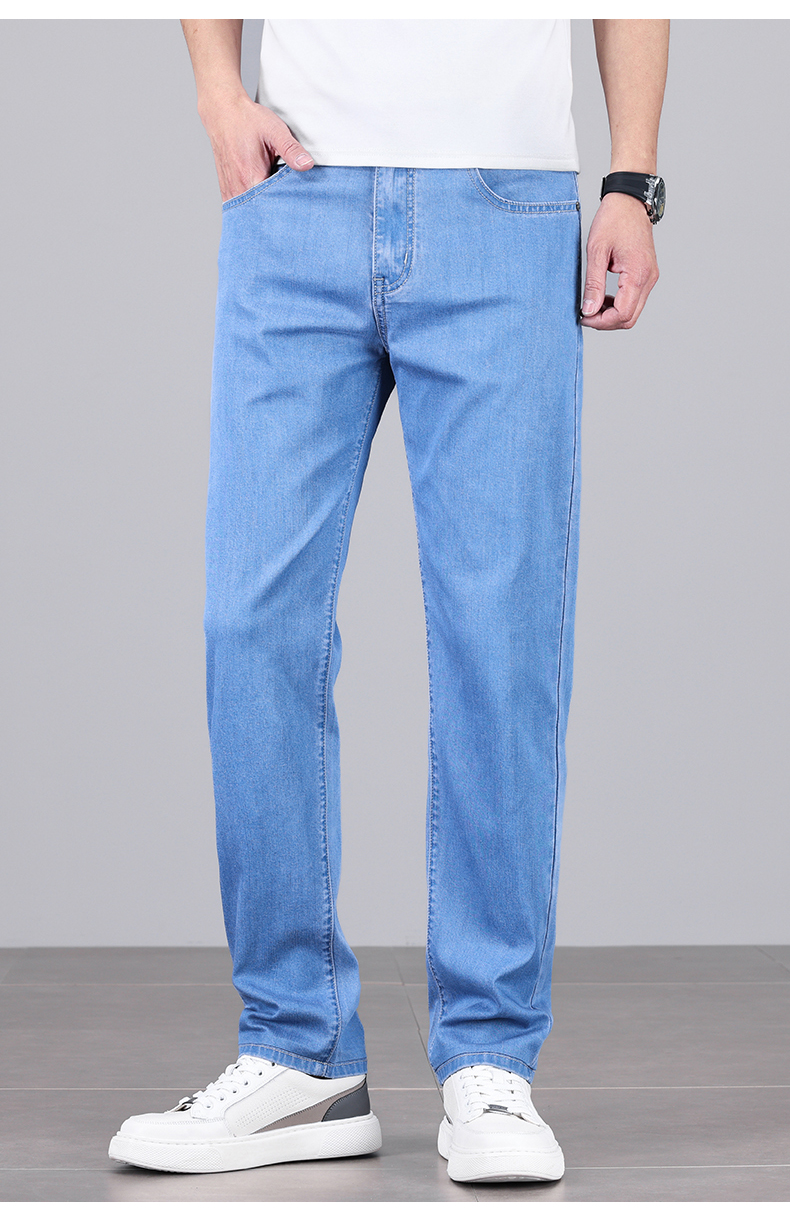 Summer Men's Baggy Jeans Blue UltraThin Classic Soft Breathable Business Casual Straight-leg Stretch Denim Trousers Male