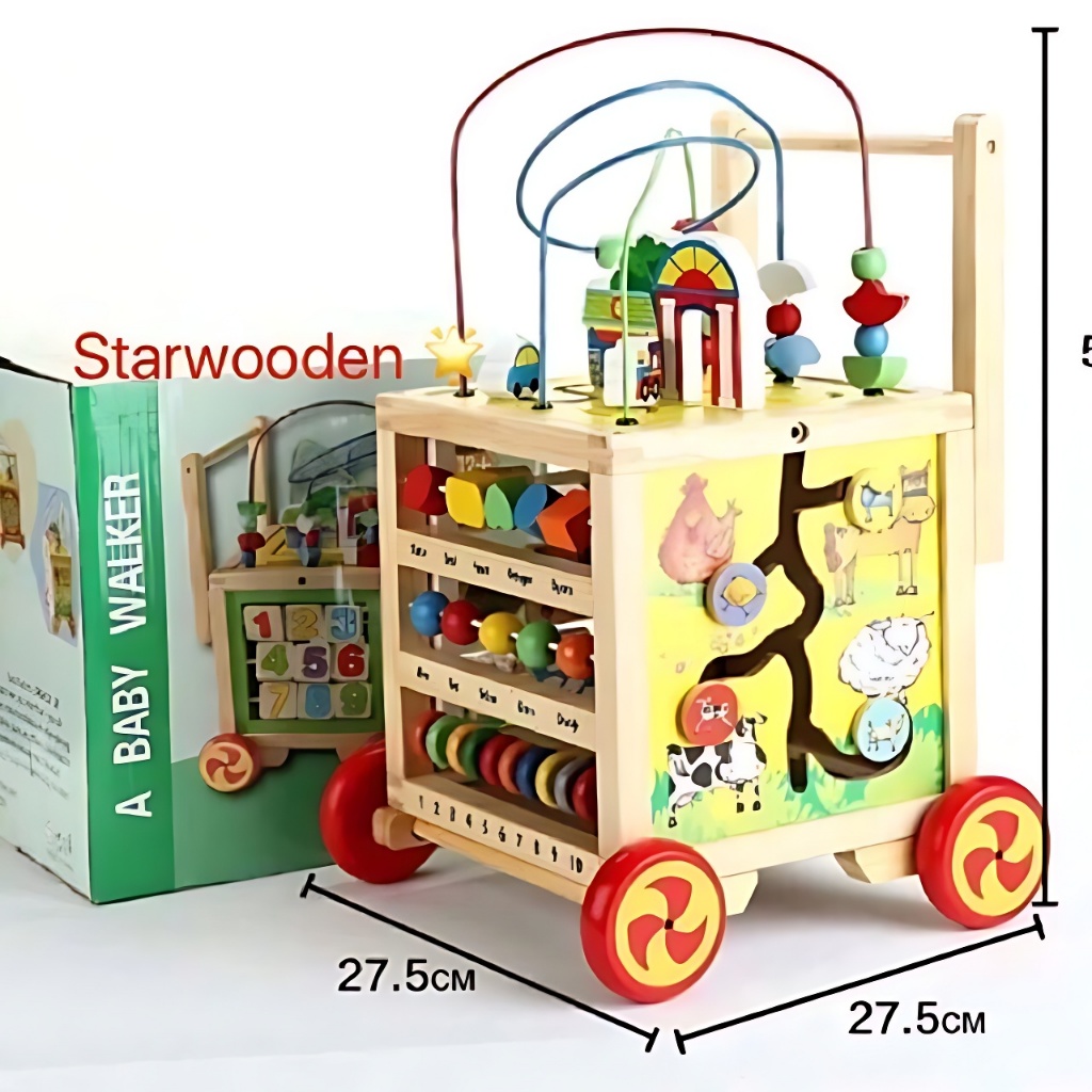 LUCKYBABE 6 in 1 Wooden Activity Cube Wooden Baby Walker Push Toy Anti Bow Leg Design for Infants and Toddlers Multifunctional Toy
