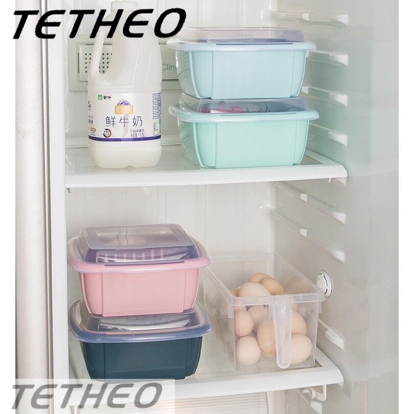 TETHEO ⚡️พร้อมส่ง⚡️ ตะกร้าล้างผัก ผลไม้ คละสี กล่องพลาสติก กล่องถนอมอาหาร มีฝาปิดมิดชิด เก็บอาหารแช่ตู้เย็นได้ กะละมังล้างผัก ที่ล้างผักผลไม้ มีฝาปิด ราคา 44 บาท*ส่งฟรี