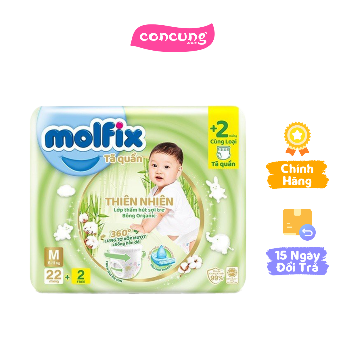 QT Molfix_Tã quần Molfix Thiên Nhiên (M, 22 miếng) + 2 miếng