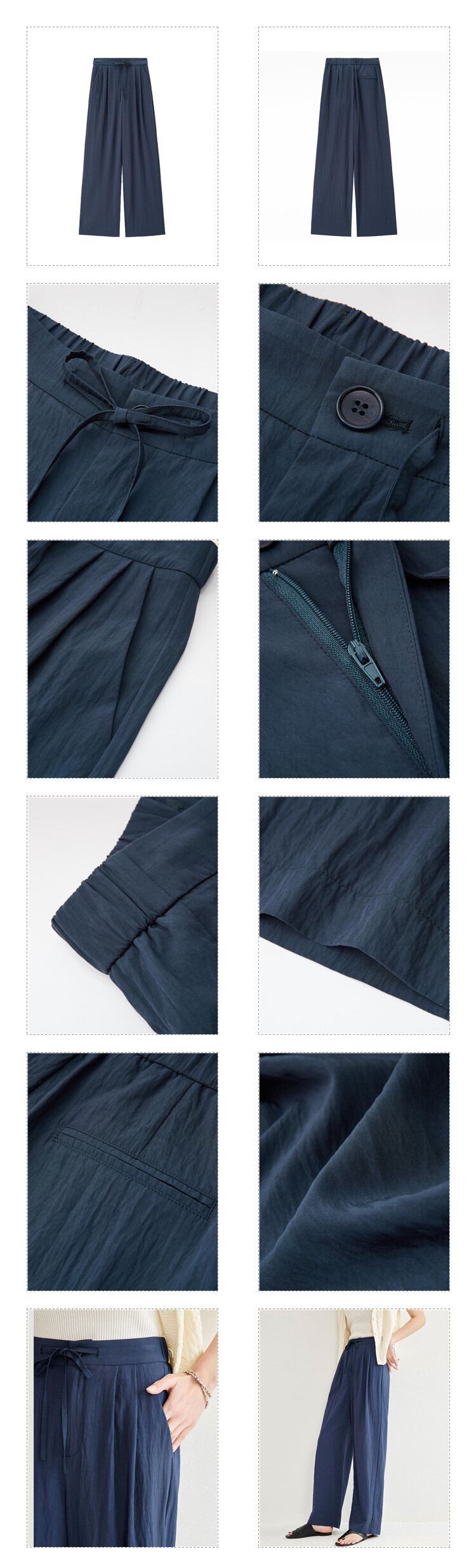 GIORDANO Women Pants Ribbon Half Elastic Waist Lightweight Pants Solid Color Simple Fashion Casual Pleated Pants 18414209 · v2