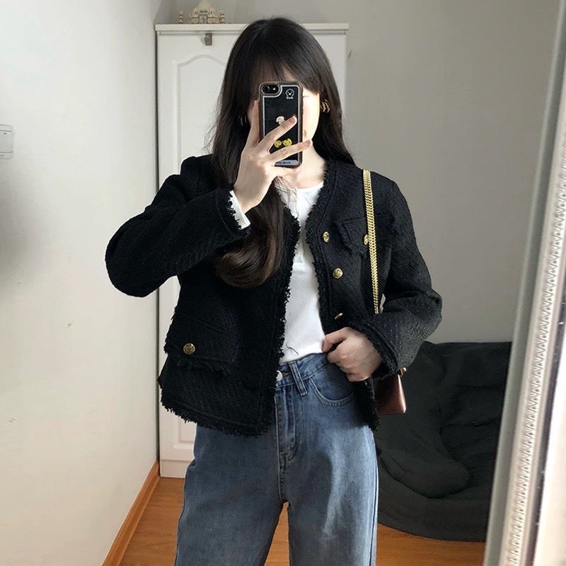 Áo khoác dạ tweed nữ thiết kế cổ chữ v phối cúc đồng kiểu dáng basic trẻ trυng