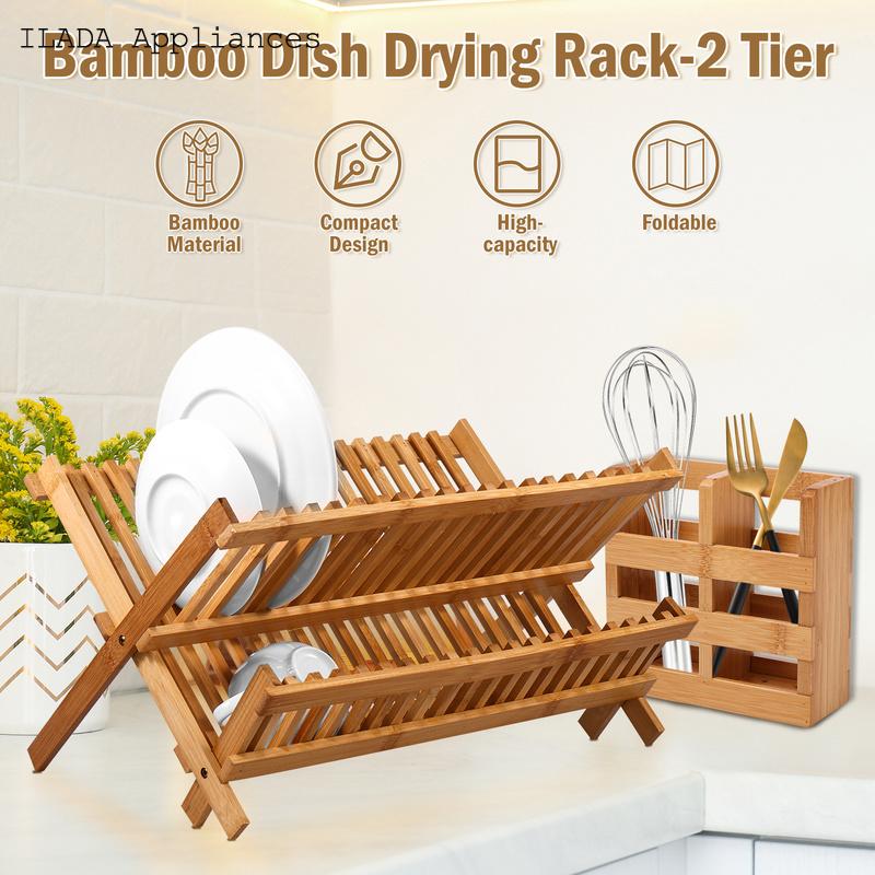 Giá để đĩa cho truy cập Tủ Món ăn giá phơi ráo nước tre món ăn khô giá với 20 khe cắm 2 tầng đĩa và bát giá để đĩa với hộp đồ dùng Bát có thể gấp gọn và tấm giá lưu trữ món ăn khô giá cho bát đĩa