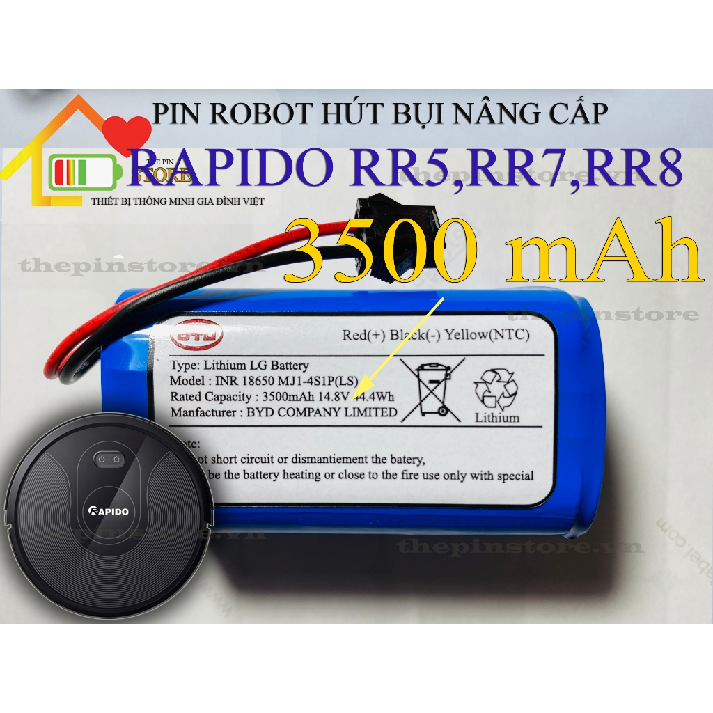 Pin robot hút bụi nâng cấp rapido rr5, rr7, rr8 dung lượng 3500 mah