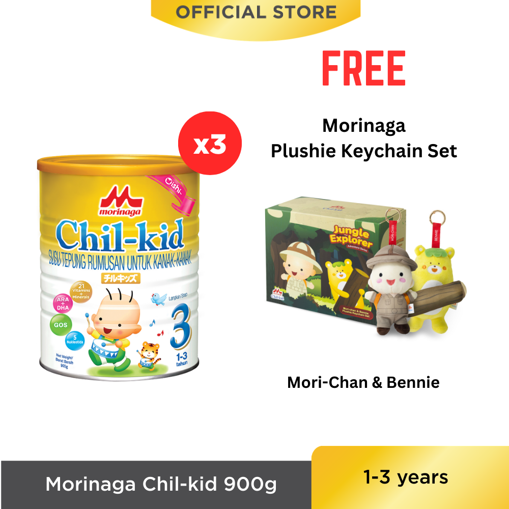 Morinaga Chil-kid Step 3 (No Sucrose) 3 tins x 900g [Free 1 Plushie Keychain Set]