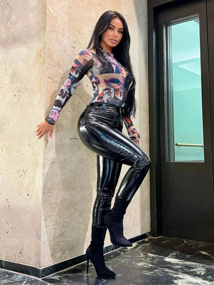 Multicolor Print Sexy Bodysuit Lingerie Long Sleeve Body Feminino Gauze s Women Outfits Bodycon Stre