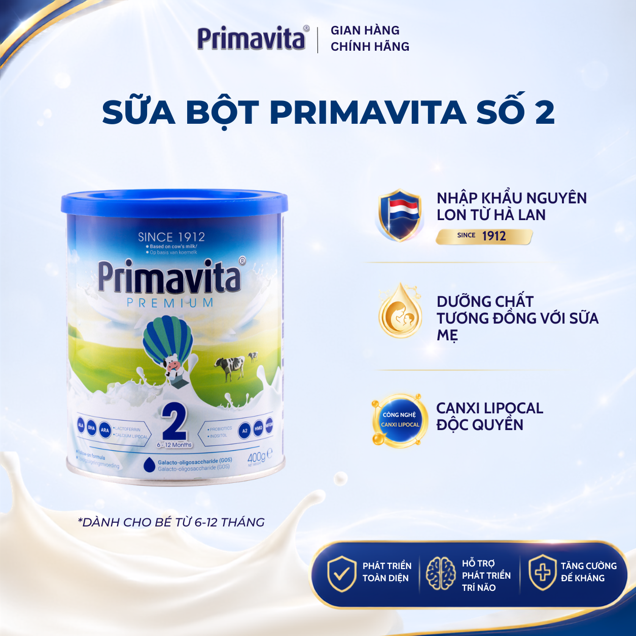 Sữa bột Primavita Premium số 2 cân bằng hệ vi sinh đường ruột, giúp trẻ hấp thu dinh dưỡng tối đa (6-12 tháng tuối)