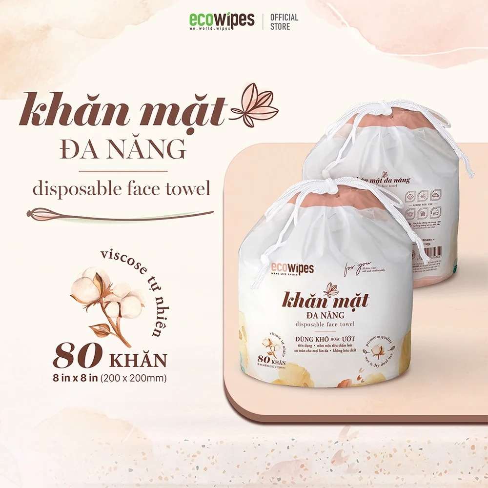 Cuộn khăn đa năng 80 tờ khổ 20cm vicose tự nhiên lành tính Eco