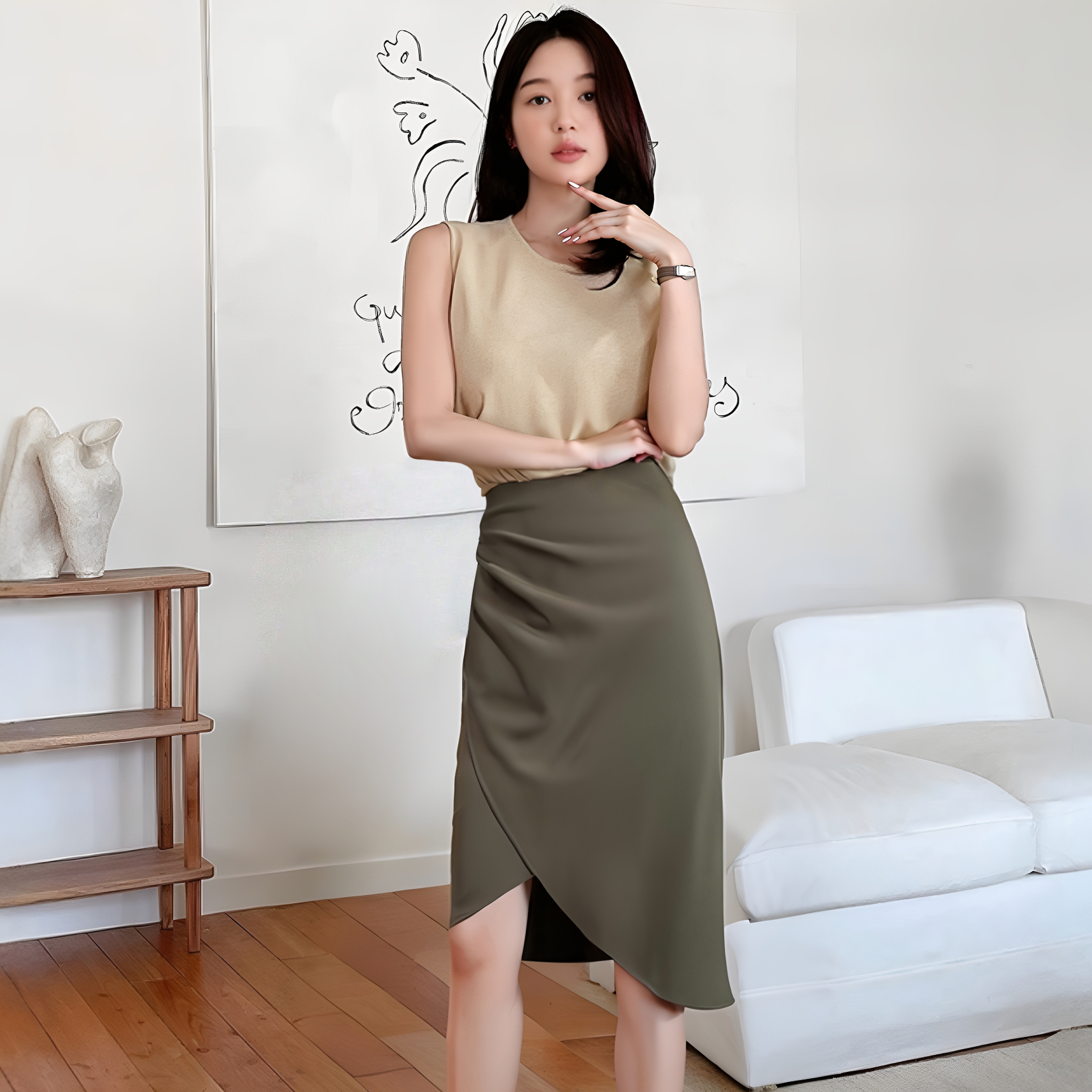 BRANCHÉ กระโปรงสำหรับผู้หญิงฤดูร้อนสบายๆที่สง่างามธรรมดาอสมมาตรยาวเข่าสำนักงานเลดี้ B Odycon กระโปรง B250318 ราคา 150 บาท*ส่งฟรี