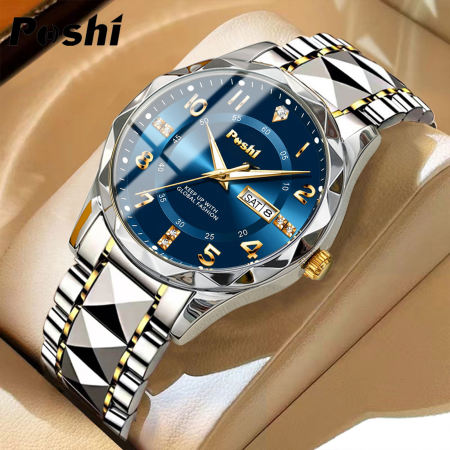 POSHI Luxury Men's Quartz Watch, Stainless Steel, Waterproof, Luminous