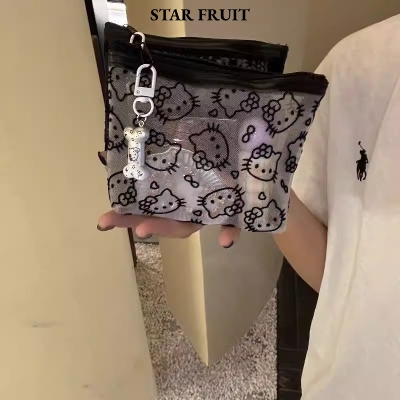 STAR FRUIT⭐ Cute Kitty Mesh Makeup Pouch Transparent Portable Travel Storage Bag with Zipper Closure ราคา 24 บาท*ส่งฟรี