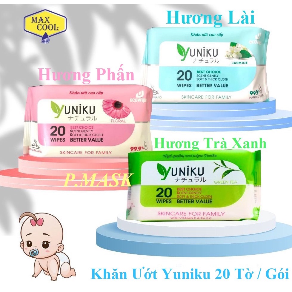 Khăn ướt Yuniku 20 tờ mini tiện lợi bỏ túi - Khăn giấy ướt cao cấp Yuniku Hương Phấn/ Hương Lài / Hương Trà Xanh 20 Tờ