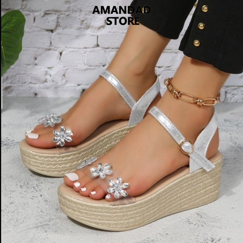 QiaoYiLuo High Heel Sandals Sweet Style Wedge Sandals with Crystal Flowers Decoration ราคา 433 บาท*ส่งฟรี