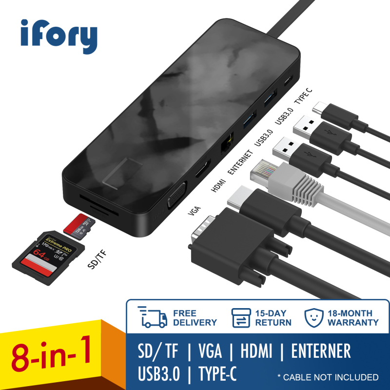 iFory Type C Hub,Type C Adapter with HDMI, Ethernet, 2 port of USB 3.0, SD/TF Card Reader, 100W Pd Charging,Type C Ports
