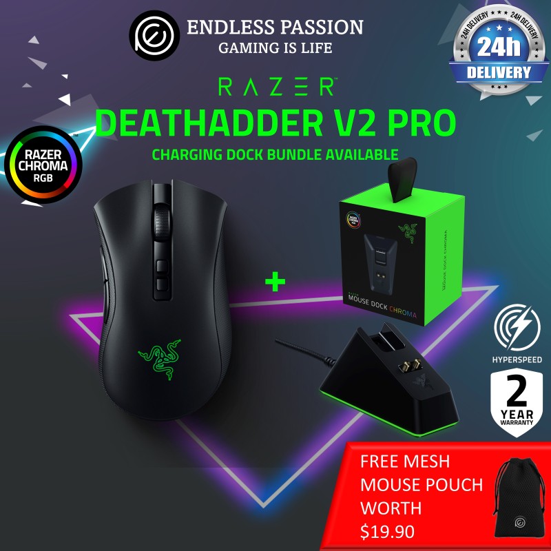 Razer Deathadder v2 Pro Gaming Mouse: 20K DPI Optical Sensor - HyperSpeed Wireless - Chroma RGB Lighting - 70 Hour Battery Life - Rubberized Side Grips - Classic Black Singapore