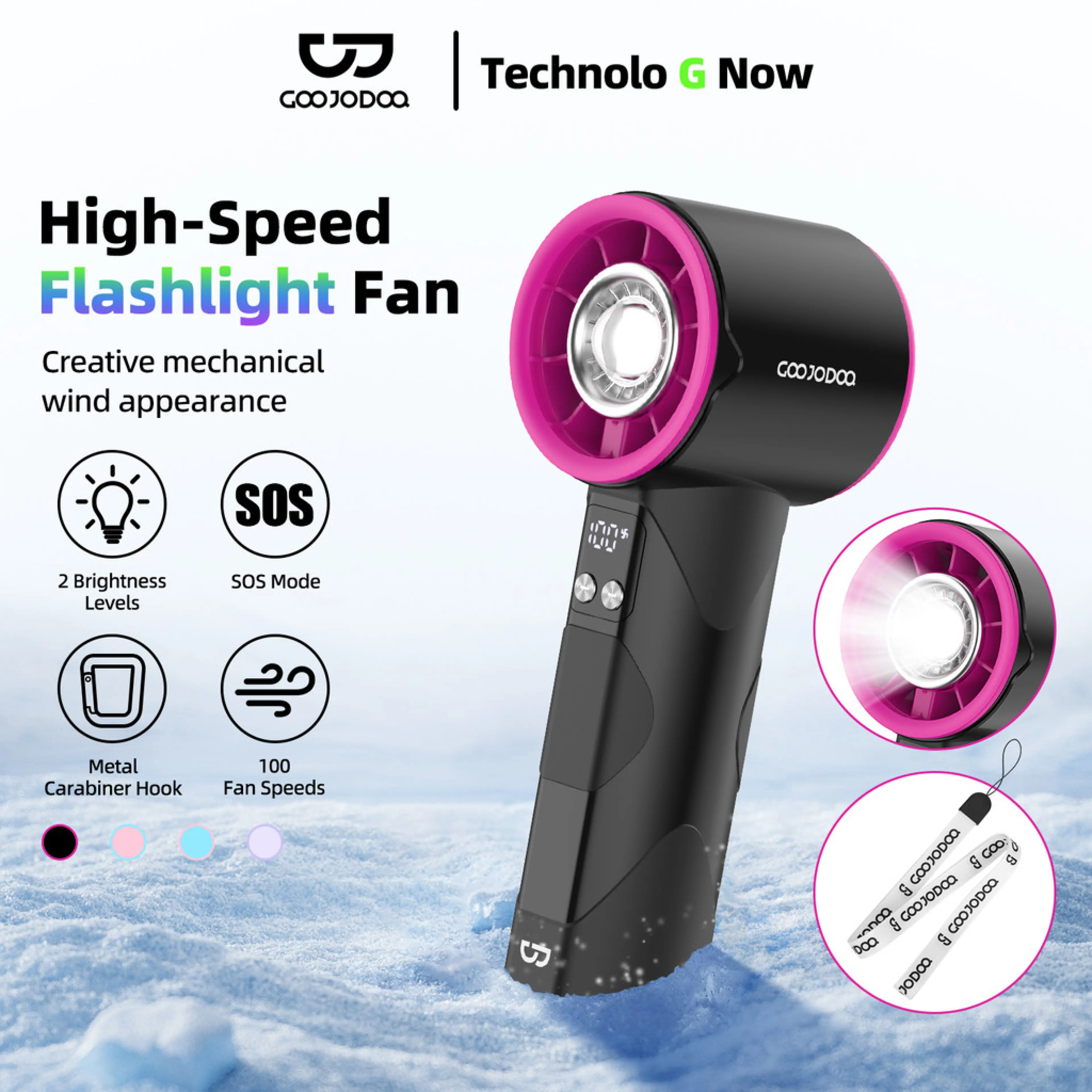 Goojodoq พัดลมพกพา 10 ใบ LED ไฟฉาย แสดงอุณหภูมิ แบต 10H