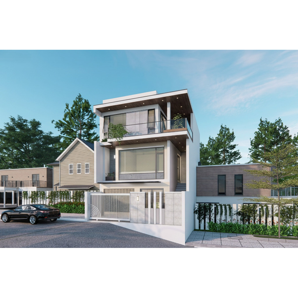 8x12m Bản Vẽ Thiết Kế nhà 3 tầng Hiện Đại gara tầng 1. In Giấy A3, ảnh 3D màu, gồm Kiến Trúc, Kết Cấu, Điện, Nước