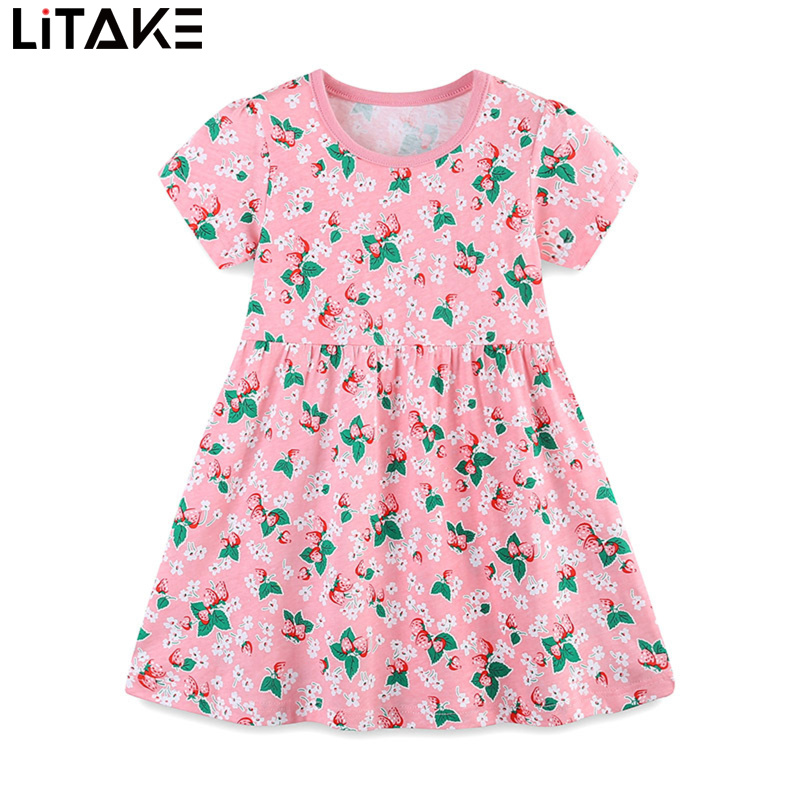 Girls Short Sleeve Dress Cotton Cartoon Strawberry Print Round Neck Dress Soft Comfortable Wear ราคา 205 บาท*ส่งฟรี