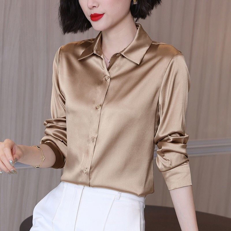 Duohanzi Sơ Mi Nữ Dài Tay Satin Áo Sơ Mi Nữ Thiết Kế Niche Mới Đa Năng Treo Lên Retro phong cách Hồn