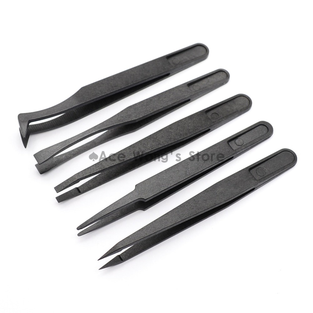 【support】 Pre-Đặt Hàng Đến 5Pcs/Bộ cầm tay màu đen Thẳng Uốn Cong Chống-Tĩnh Nhựa Tweezer Chịu Nhiệt công cụ sửa chữa