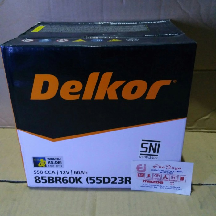 AKI MOBIL DELKOR TYPE 85BR60K ATAU 55D23R 12VOLT 55 AH KHUSUS GOSEND Harga 1,721,000 rupiah*Gratis Ongkir
