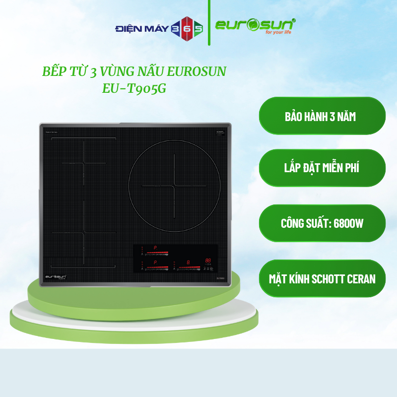 Eurosun EU-T905G – Bếp từ 3 vùng nấu lắp âm – Công suất 6800W – Slider cảm ứng hiện đại
