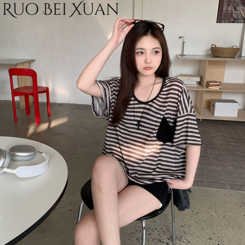Ruo Bei Xuan Oversized Striped T-Shirt Women's Summer Retro V-Neck Loose Fit Top ราคา 144 บาท*ส่งฟรี